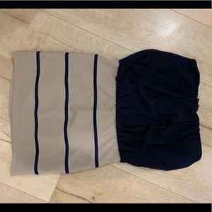 Navy and tan strapless mini dress